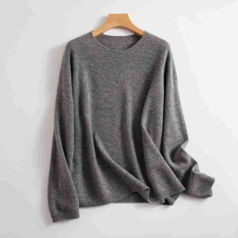 Crew neck casual solid color commuting pure wool knitted top women's versatile loose high-end bottoming shirt