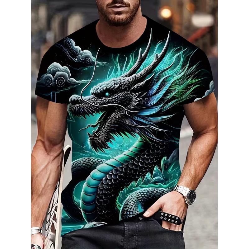 Men's 3D Digital Print Dragon Graphic T-Shirt Casual Short Sleeve Summer Round Neck Tshirts Regular Fit Oversized T Shirt Top
