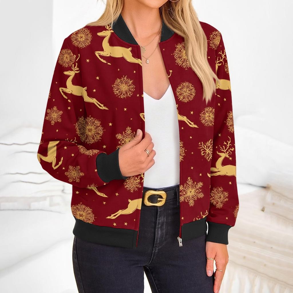 Women's Christmas Print Zip-Up Jacket with Long Sleeve Round Neck Casual Outerwear