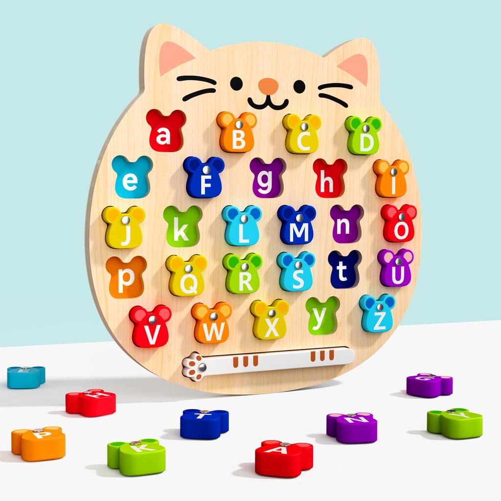 Wooden Cat Magnetic ABC Alphabet Puzzle Board Kids Educational Matching Fine MotorSkill Training Sorting Montessori Activity Toy