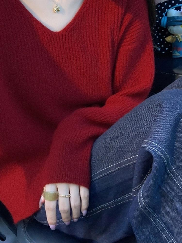 Korean Style Red V-Neck Halter Knit Sweater for Women - Autumn/Winter