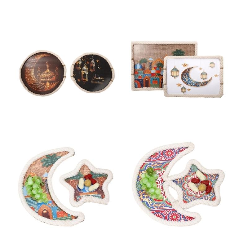 Delicate Ramadans Wood Cotton Rope Woven Trays Eid Mubarak DIY Serving Tray for Breakfast and Dessert Home Party Decors