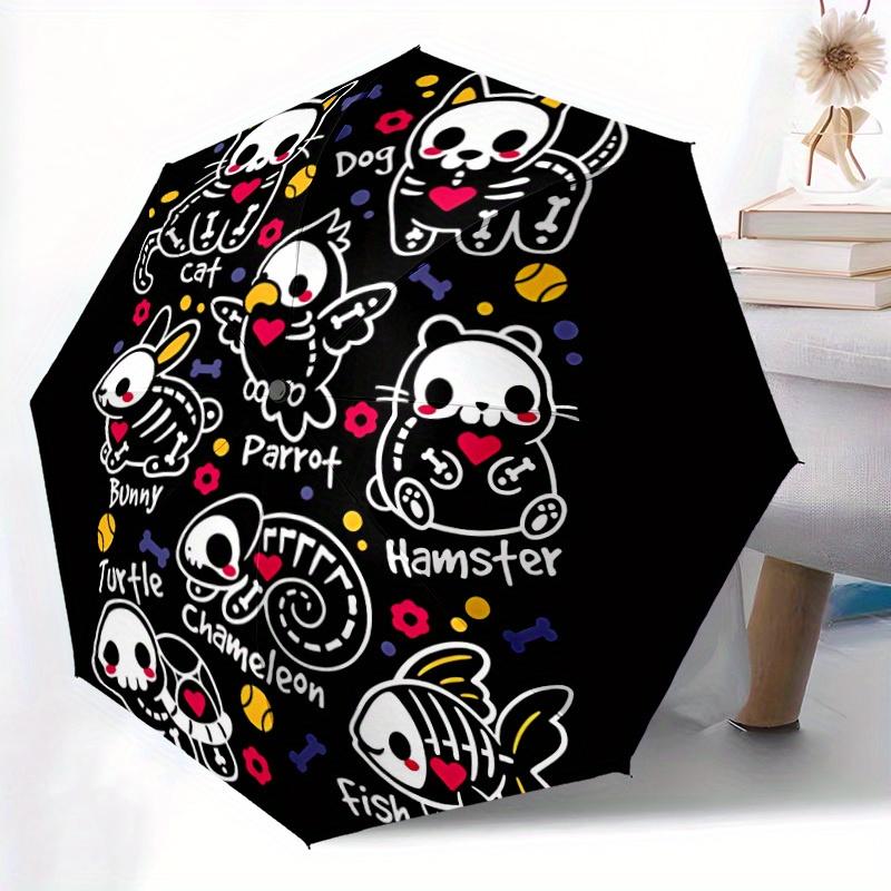 1pc Pet Animal Skull Cute Automatic Open/close, Heavy-Duty Iron Frame & 8-Rib Structure, Compact Folding Umbrella for Women/Men, All-Season Travel, Ha