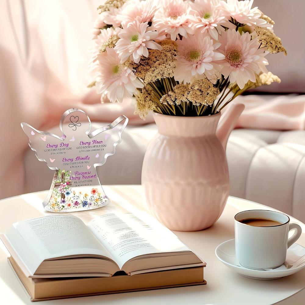Art Deco Angel Figurine with Inspirational Bible Verses - Floral Accents, Collectible Tabletop Deco, Religious Easter Gift for Mom, Sister, Friends,