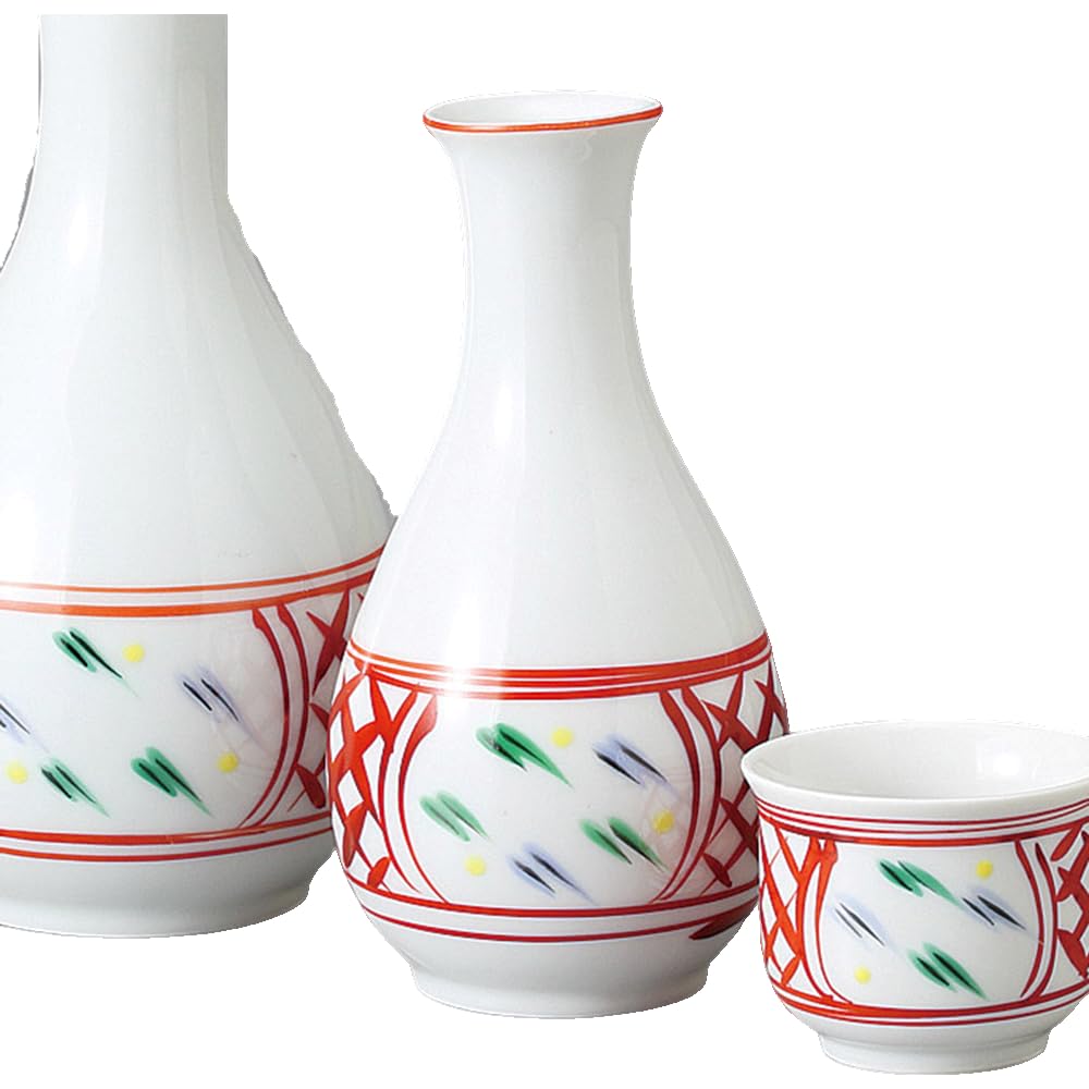 Sake Tokkuri and Ochoko 8cm Diameter X Large Size Mino Suitable for Hot Cold and Japanese Sake Ale-net Set, Set, 15.5cm High, 280ml, Red-painted