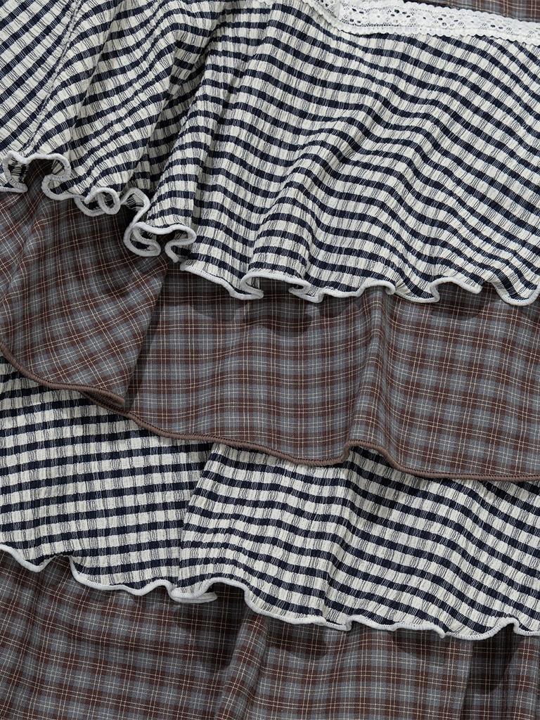 Eogeulliswedou Tiered Checkered Mix Skirt (Navy)