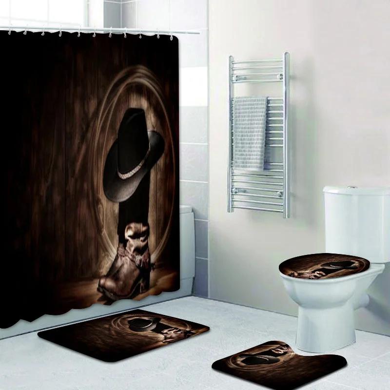 Rustic Western Cowboy Shower Curtain Set American Country Music Bathroom Curtain Set Bath Mat Rug Carpet Bathtub Accessories