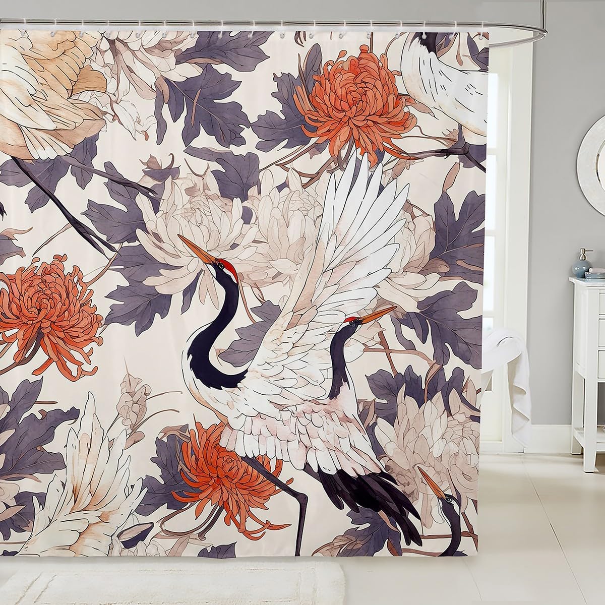 

Japanese-Style Shower Curtain Kids Botanical Plants Print Bathroom Shower Curtain Set For Boys Girls Teens Chrysanthemum Bath W60H190(CM)-1 Pcs