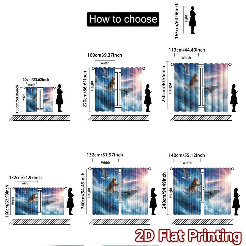 2pcs, 2D FLAT PRINTING Curtains (Without Rod) SharkRiderCat Christmas Holiday Curtains with Digital Printing Machine Washable