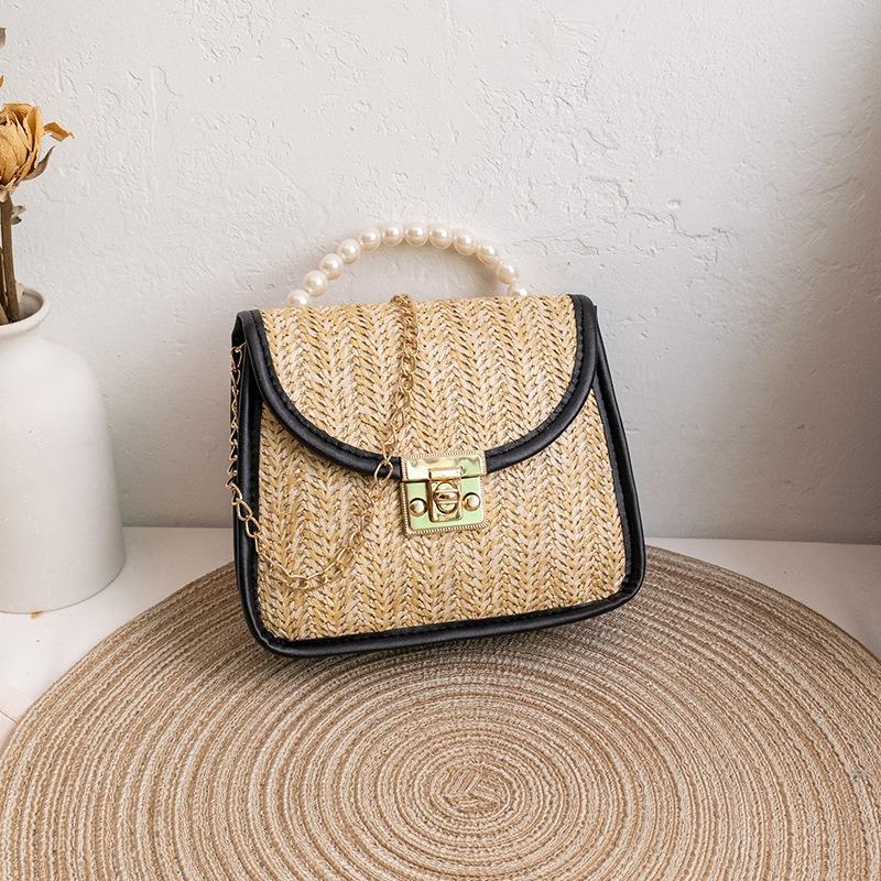 Straw Women's Bag Spring New Beaded Portable Small Square Bag Fashion Lock Bag Chain Shoulder Bag One Piece