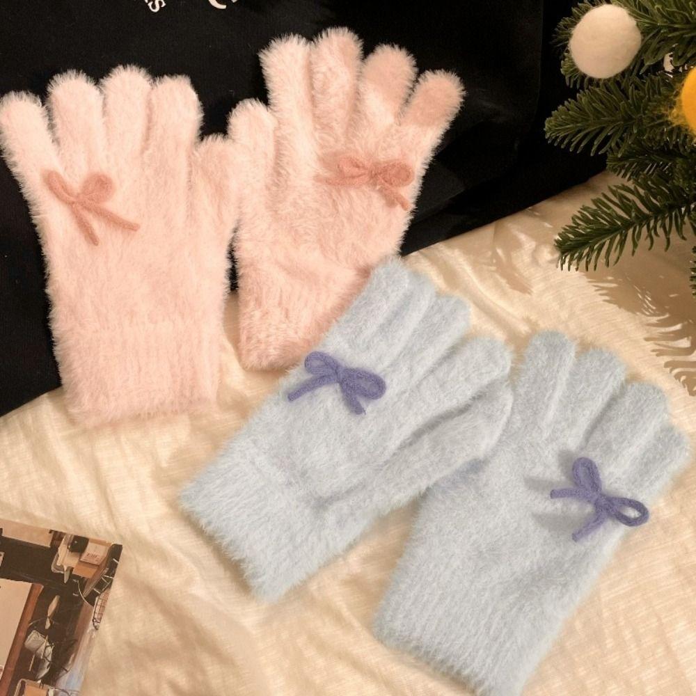 Winddichte Warme Fäustlinge Milchblau Milchpulver Herbst Winter Handschuhe Niedliche Plüsch Strickhandschuhe Damen