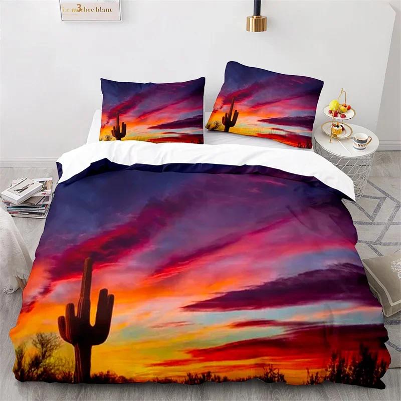 Cactus Duvet Cover Tropical Desert Plant Queen Comforter Cover Mountain Sunrise Bedding Set Microfiber Quilt Cover For Kids Teen