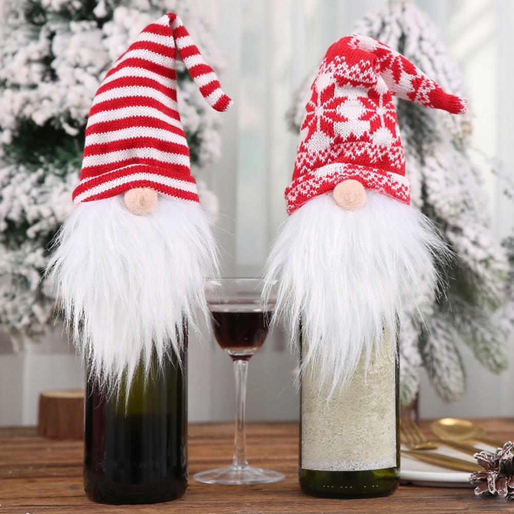 Four Wine Bottle Covers with Whimsical Gnome Design for Holiday Tables Suitable for Christmas New Year and Festive Events