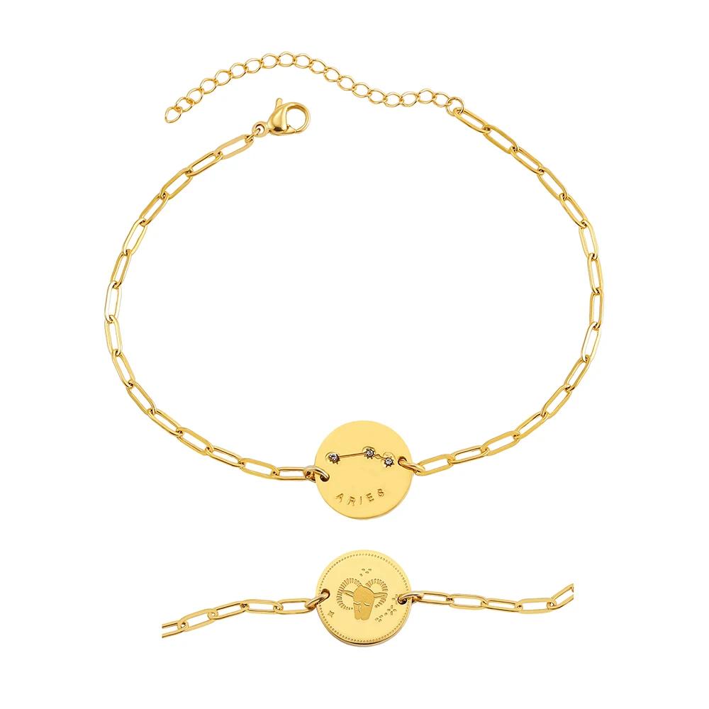 New Handmade Engraved 12 Constellation Pattern Symbol Bracelet Waterproof Hypoallergenic Paper Clip Chain Zodiac Sign Bracelets