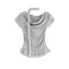 Fake two-piece streamer slinger collar top short-sleeved t-shirt women's summer lace splicing waist pleated short top