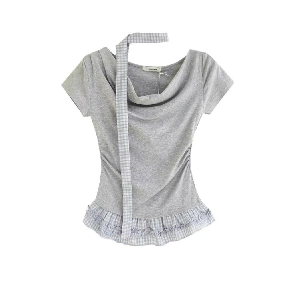 Fake two-piece streamer slinger collar top short-sleeved t-shirt women's summer lace splicing waist pleated short top