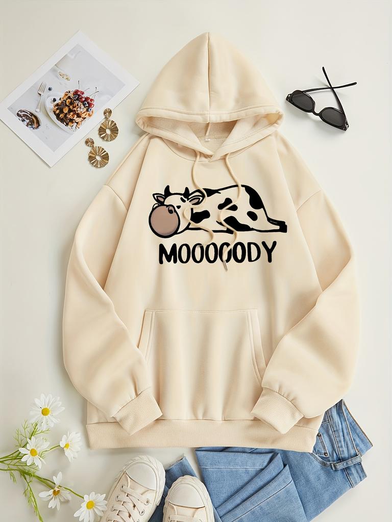 Kuh Buchstaben Print Kordelzug Hoodie Lässig Langarm Kängurutasche Hoodie Sweatshirt Damenbekleidung Verspieltes Design Trendig