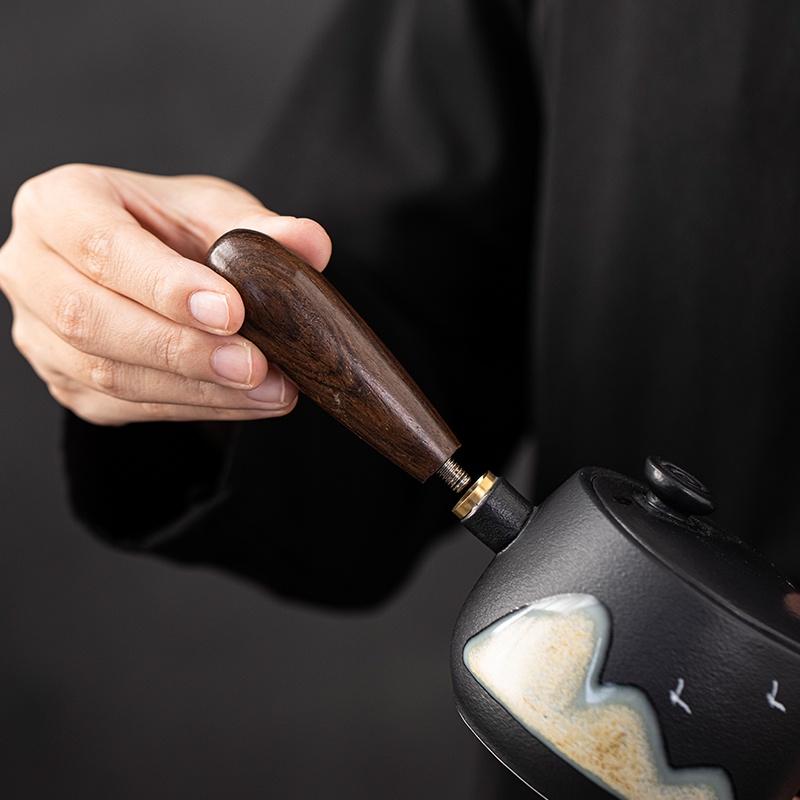 320ml Ceramic Teapot, Coarse Earthenware Side-Handled Teapot, Black Pottery Gongfu Tea Set