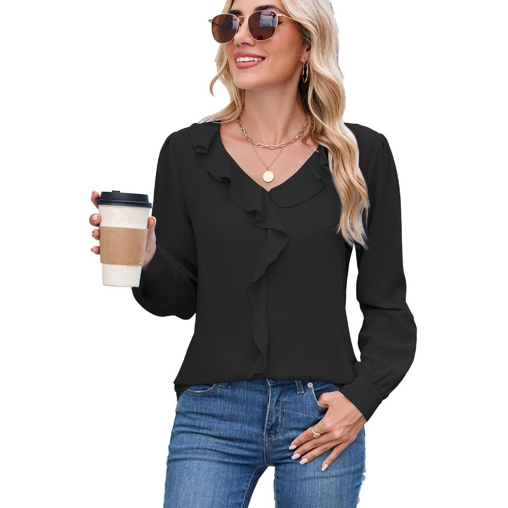 Women's V-Neck Long Sleeve Solid Color Blouse Loose Fit Casual Basic Polyester Top