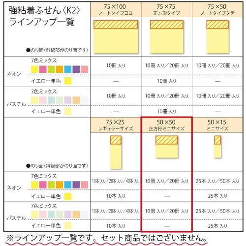 KOKUYO Sticky Notes Strong Adhesive K2 50mm X 50mm Neon Color 90 Sheets X 10 Books 7 Colors K2Me-KN5050X10