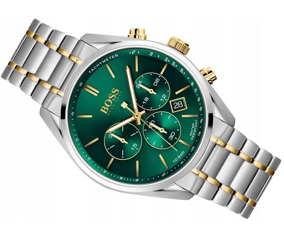Hugo Boss 1513878 Men's Watch Silver/Gold Strap Green Dial 44 Mm + Box