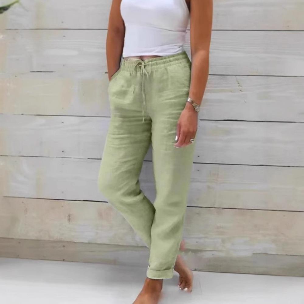 

Літні жіночі суцільні лляні штани з кількома кишенями прямого крою, а також великі дихаючі та зручні вільні штани зі шнурком XXXXL зелений