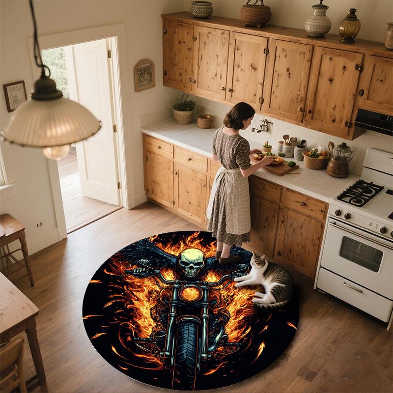 Flame Motorcycle,Round Area Rug,Carpet Rug for Living Room Bedroom Sofa Playroom Decor,Non-slip Floor Mat
