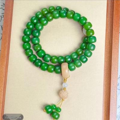 Green Bodhi Prayer Beads 8.11mm Multi-strand Bracelet with Lotus Design for Men and Women