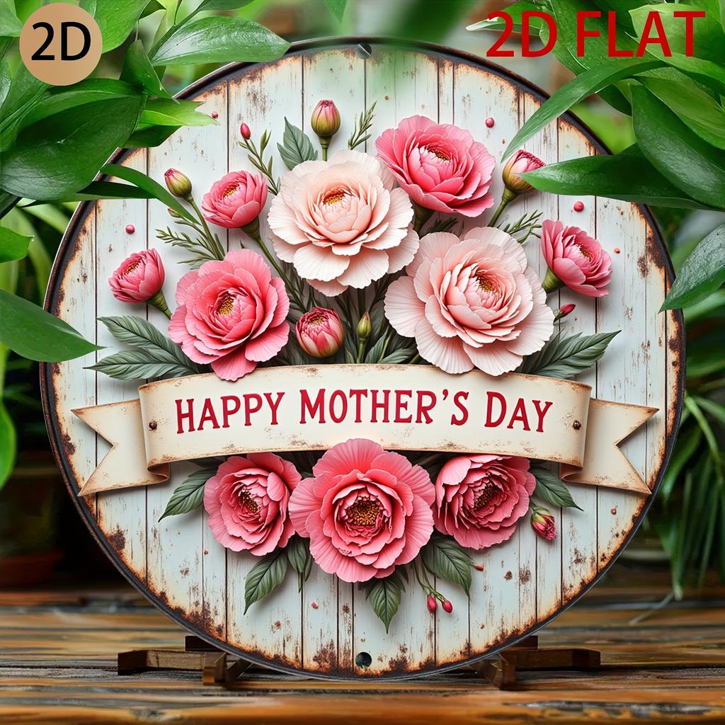 D Flat Round Vintage Metal Plaque Adorned with Pink Blossoms And a Happy MotherS Day Ribbon for Home Decoration