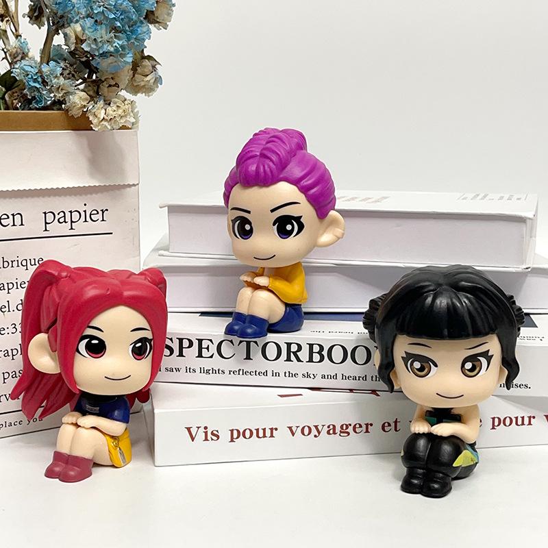 3Pcs K-POP Demon Hunters Rumi Mira Zoey Q Version Sitting Pose Figure Set Anime Action & Toy Figures Cute Cartoon Action Figures Toys for Fans Gift