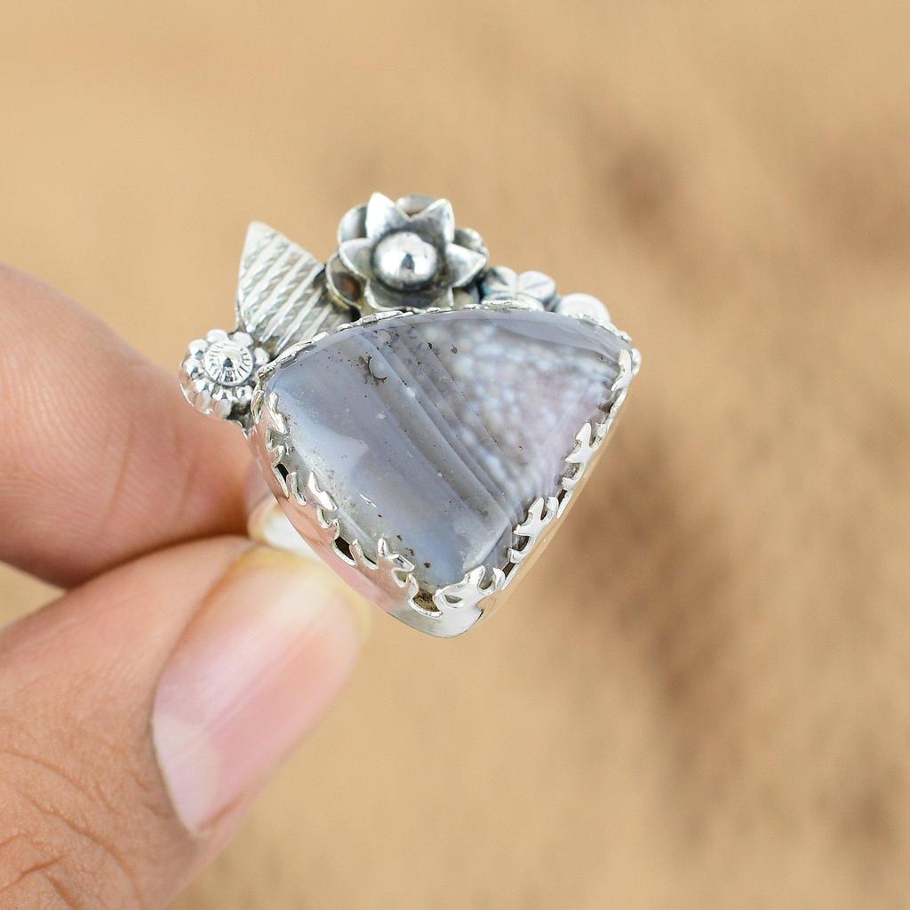 925 Sterling Silver Natural Botswana Agate Flower Promise Anniversary New Ring