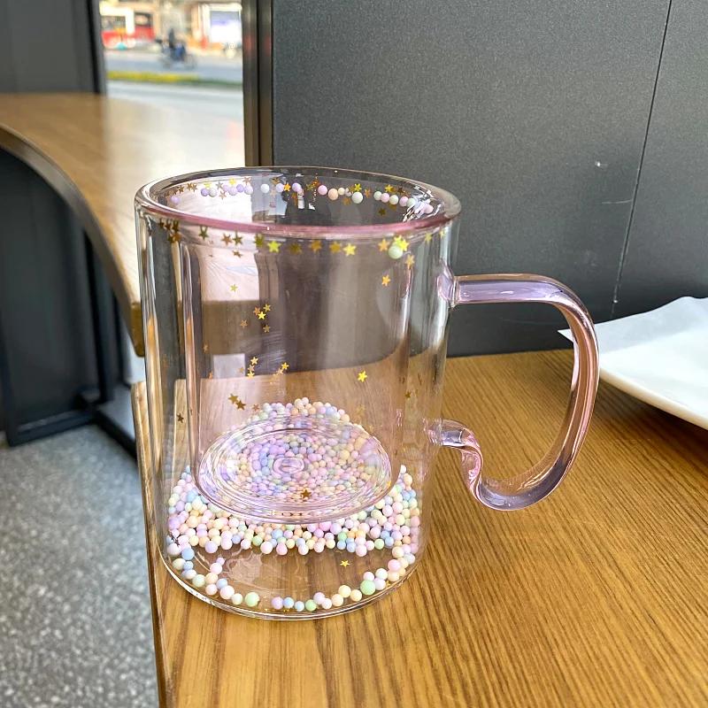 Girl Heart Quicksand Double Glass Mug Sparkling Bubble Ball Heat Resistant Anti-scald Handle Cup Couple Girlfriend Small Gift