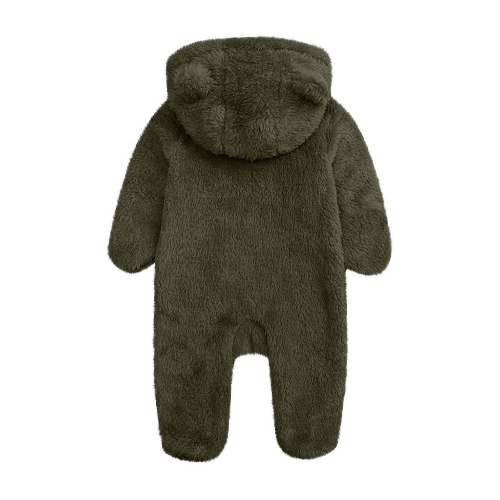 Baby Plush Warm One-Piece Bear Hooded Zipper Children's Solid Color Sleepsuit