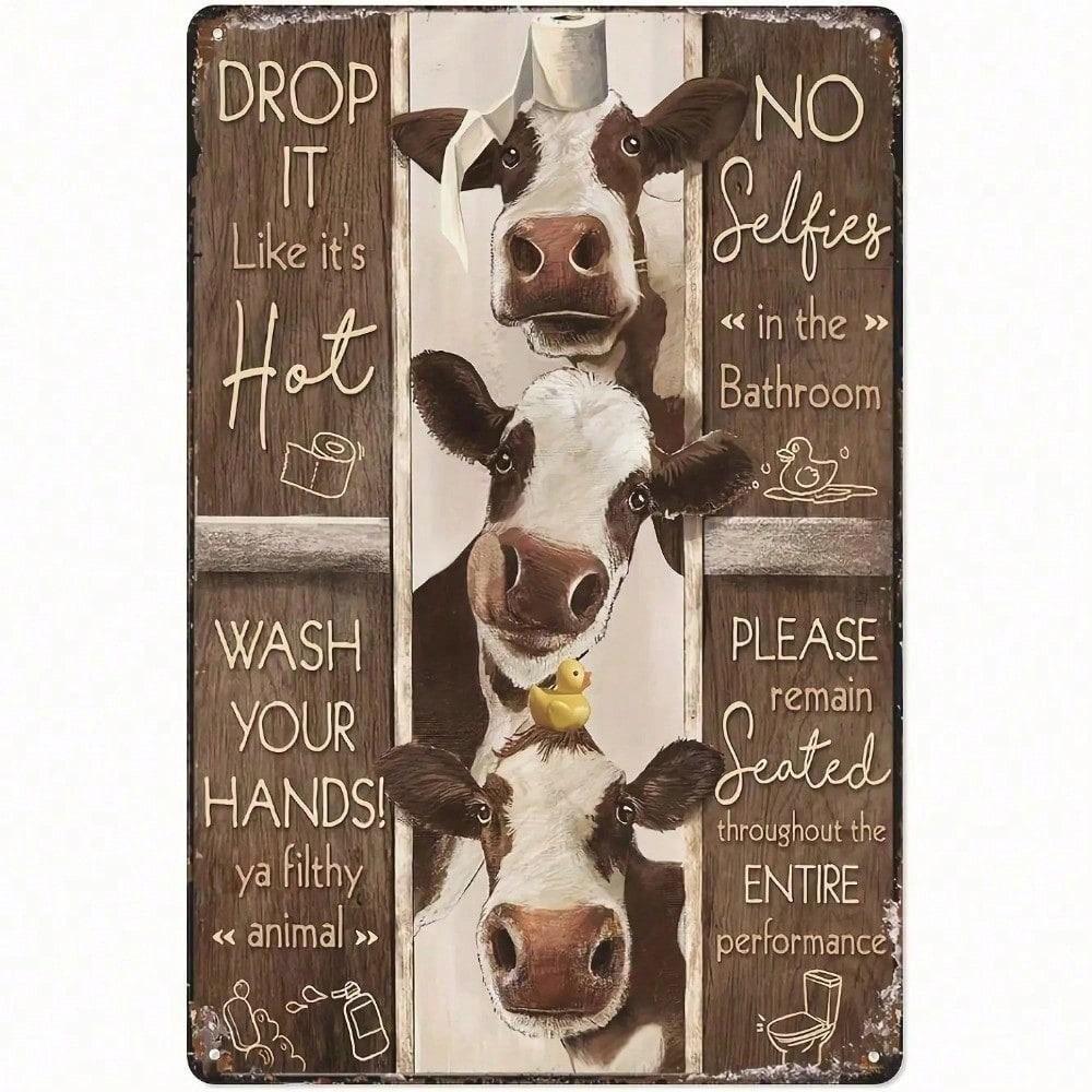 

Cow Rules Funny Metal Tin Sign 8x12 Inches, Rustic Wall Art for Bathroom Home Office Classroom Decor, Farmhouse Humorous Toilet