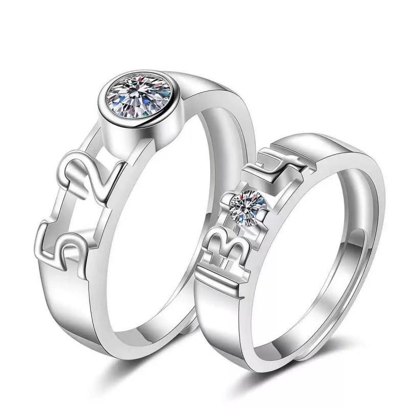 Adjustable Classic Couple Rings Set Rhodium/Gold Plated Brass Open Rings with Zircon Flower Design for Lovers