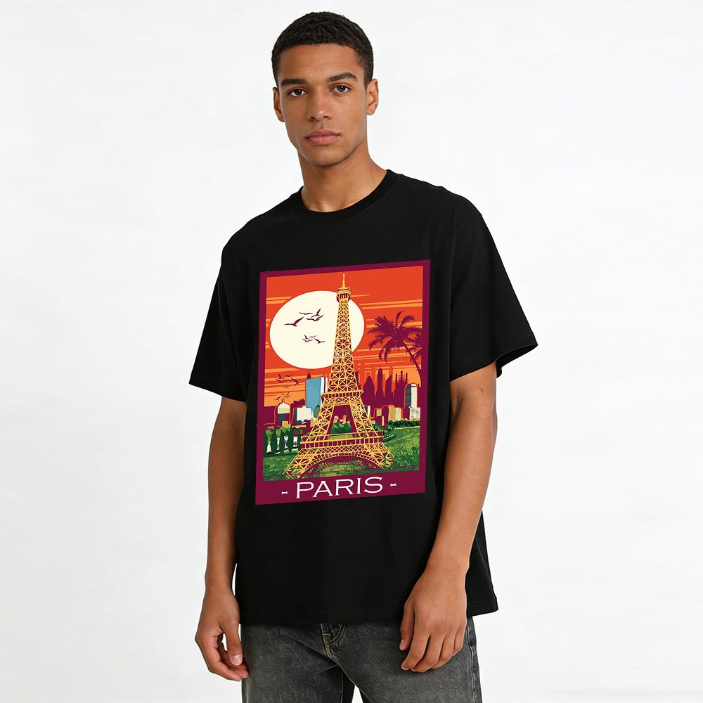 Vintage Paris Eiffel Tower City Print Casual T-Shirt Pure cotton T-shirt