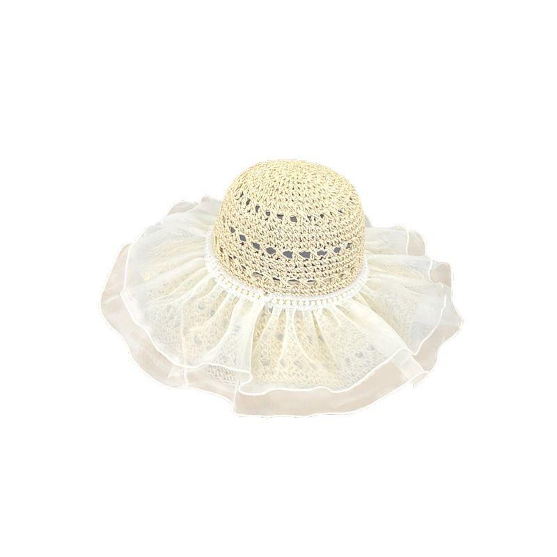 Women's Summer Large Brim Lace Straw Hat Seaside Full Face Beach Breathable Sun Bucket Hat Sun Protection Hat