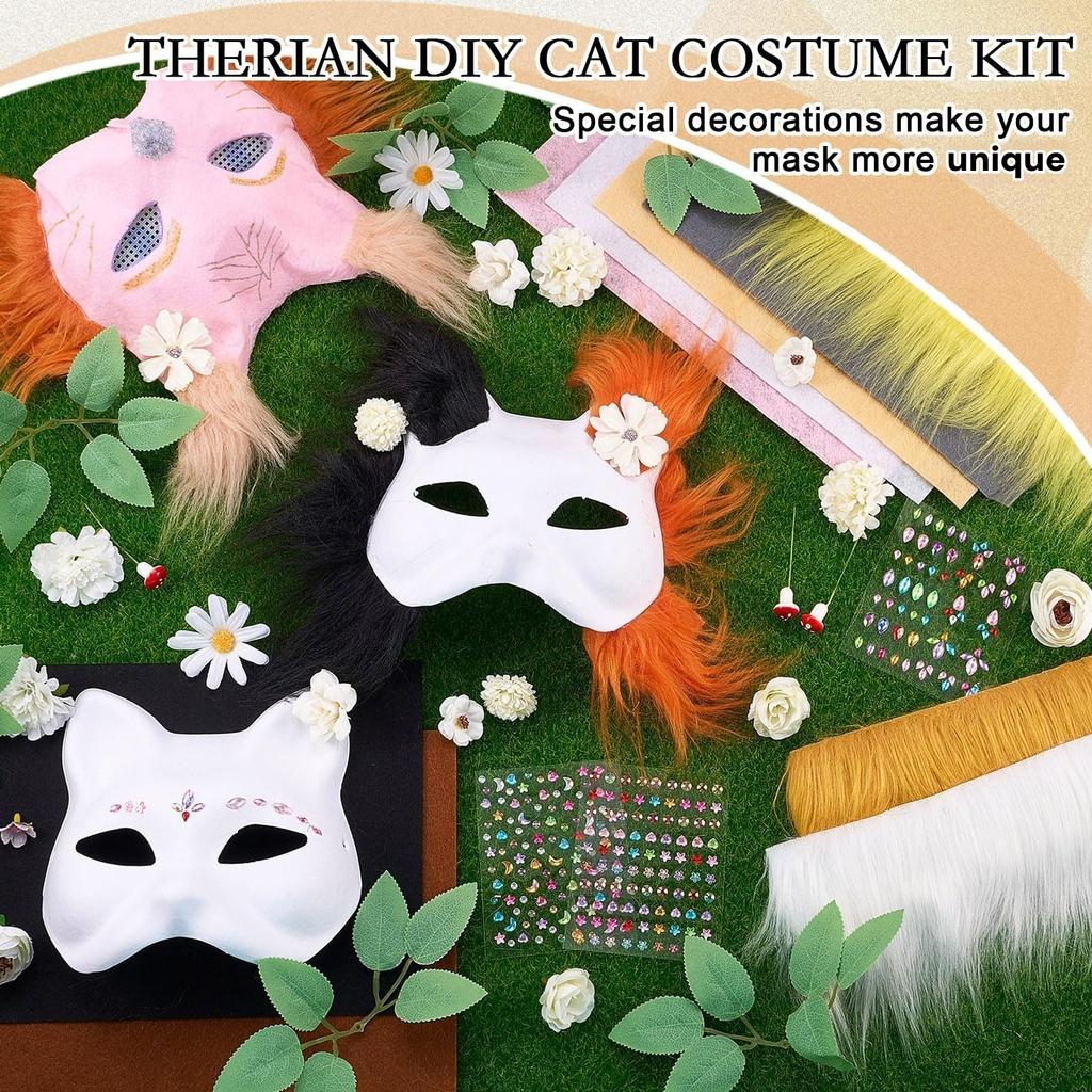 31Pcs DIY Therian Mask Kit Paper Blank Masks Half Face Hand-painted Cat Mask Set for Therian Gear Stuff Masquerade Cosplay Party