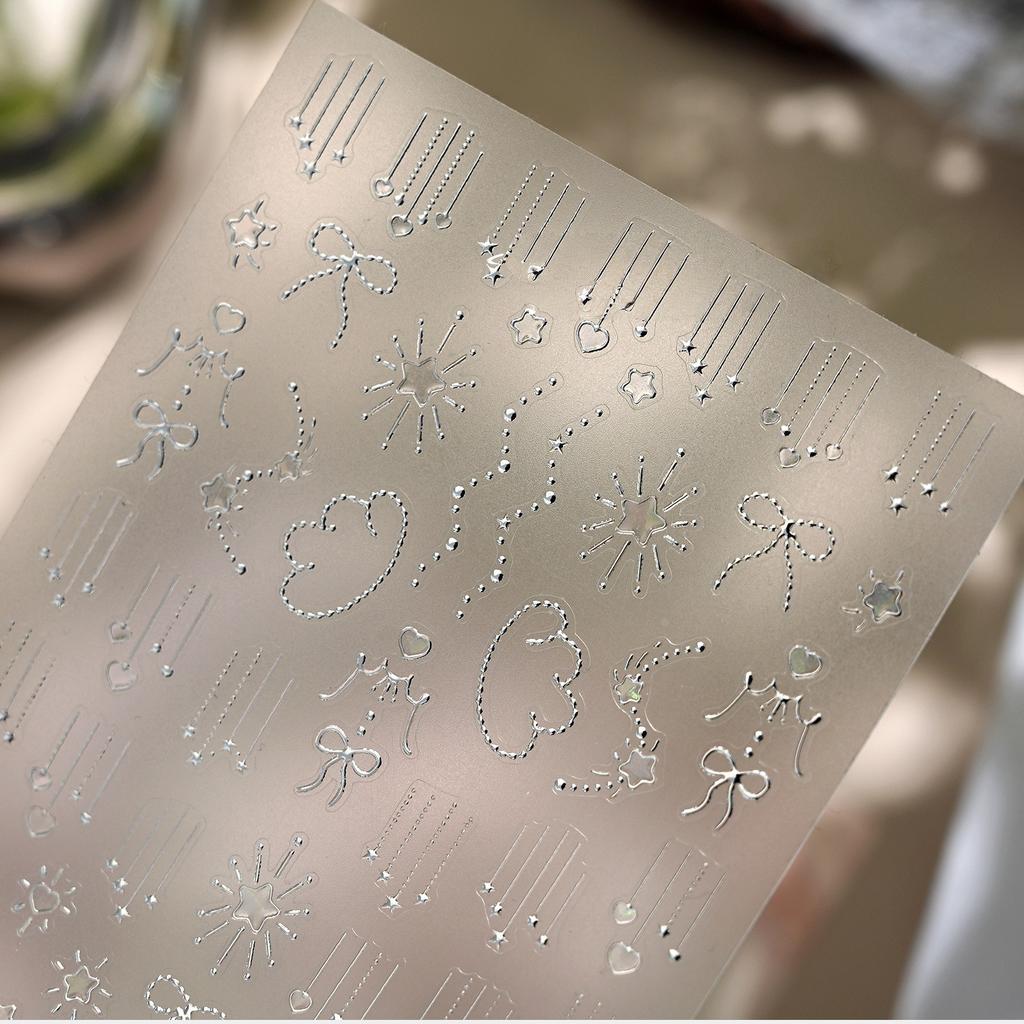 5D Exquisite Galaxy Tassel Nail Art Sticker Silver Meteor Star Chain Embossed Self-Adhesive Manicure Nail Decals for Women