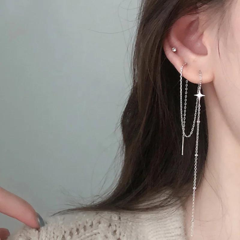 Vintage  Sterling Silver Bar Long Thread Tassel Drop Earrings for Women Glossy Star Star Earring Fashion  2025 New