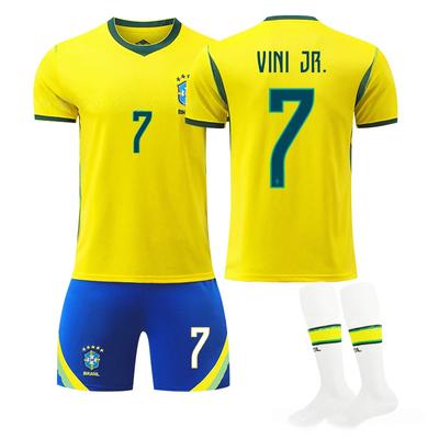 Dospívající Děti Dospělí Vlastní Jméno Fotbalové Dresy Mistrovství Světa 2026 Brazílie Domácí #7 VINI JR Sportovní Tréninkový Dres Set se Štulpnami