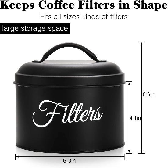 Suwimut Coffee Filter Holder, Black Enamelware Basket Coffee Filter Holder Storage Container with Lid, Rustic Round Metal Coffee Filter Dispenser for