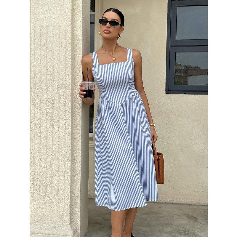 Women s Summer/ Spring Striped Print Sleeveless Round-neck High-waisted Casual Dress S синий