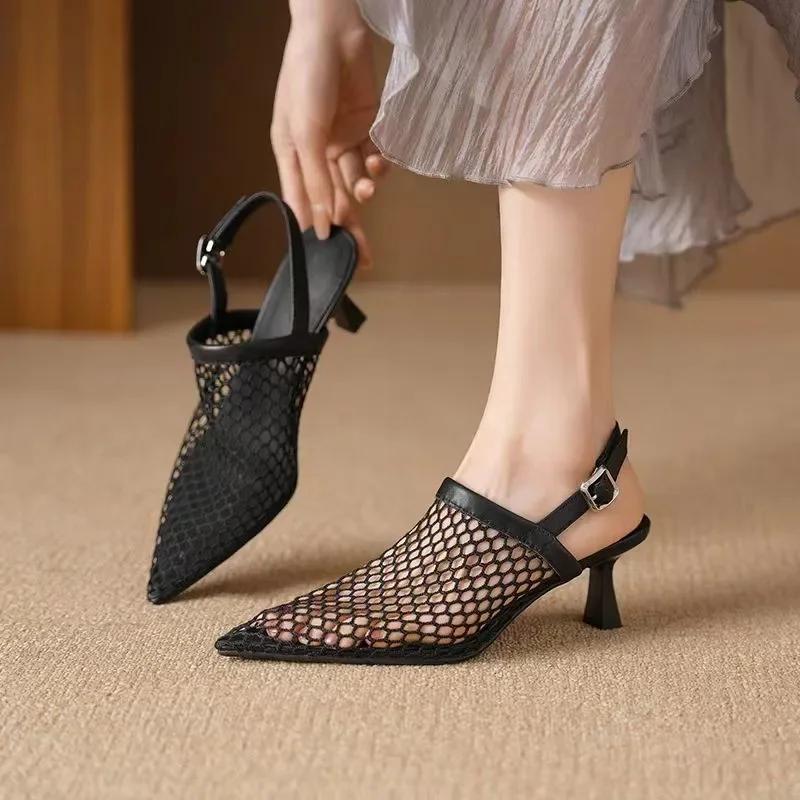 Fashion Hollow Breathable Mesh Pointed Toe Stiletto High Heels Women Pumps 2026 New Summer Slingback Sandals Dress Woman Shoes