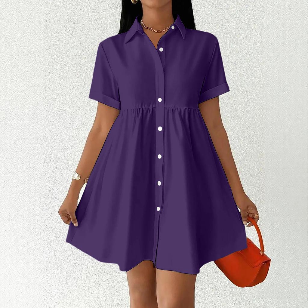 Women Short Sleeve Shirt Dress Button Down Collared Loose Fit Casual Mini Dress with Pockets Summer Style