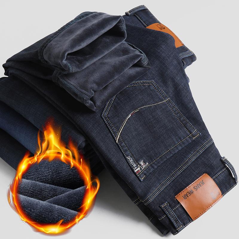 Herre Fleece Jeans Vinter Ny Pluss Størrelse Tykk Varm Rett Stretch Herre Business Casual Arbeid Denim Tykkere Bukser