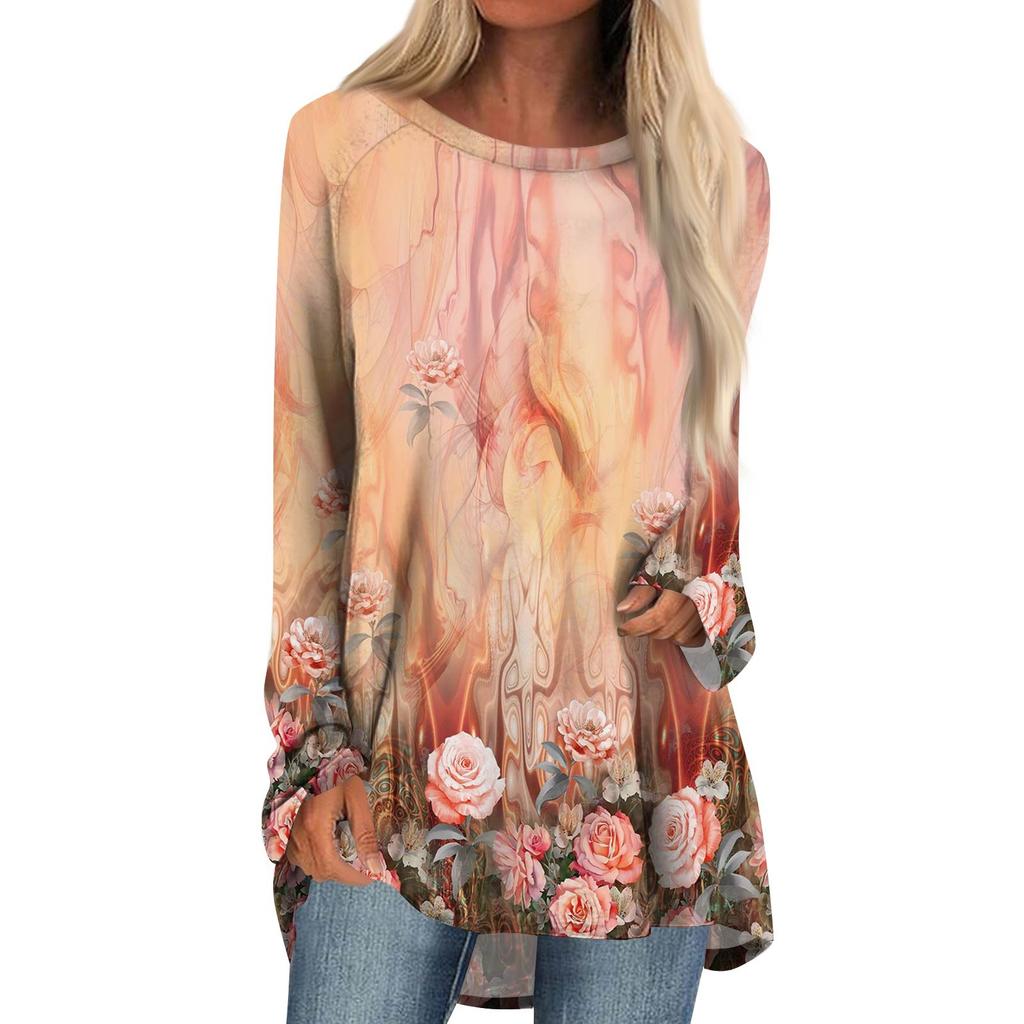 Women's Fashion Casual Long Sleeve  Print Round Neck Pullover Top Blouse