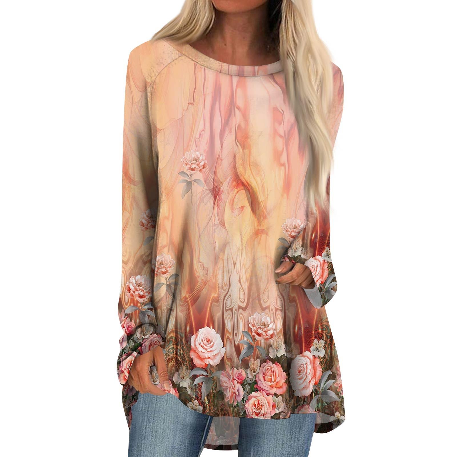 

Women s Fashion Casual Long Sleeve Print Round Neck Pullover Top Blouse XXL помаранчевий