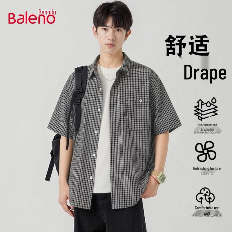 Baleno Men s Japanese Style Loose Houndstooth Short Sleeve Shirt 5XL