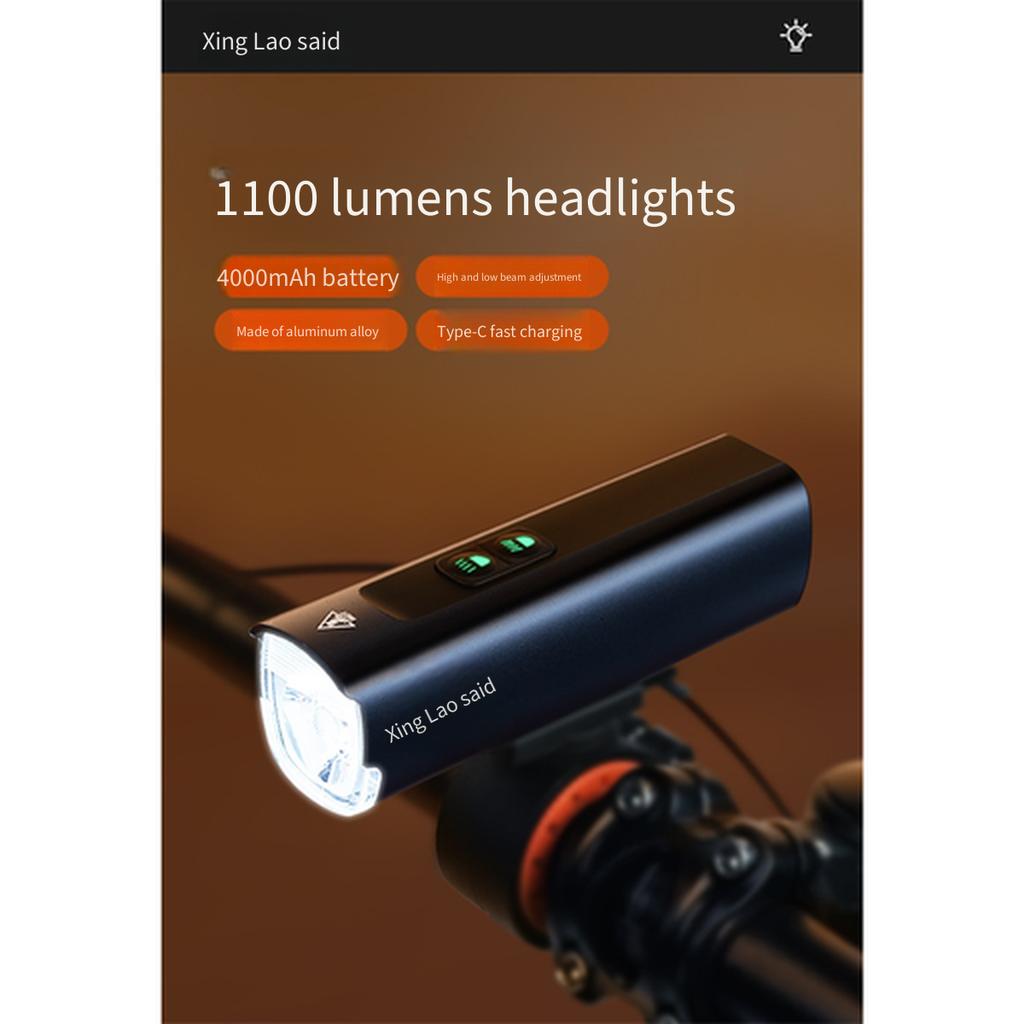 Hliníkové přední světlo na kolo s vysokým světelným tokem, 1100 lumenů, s dlouhou výdrží, duální paprsek, jasná lampa pro noční jízdu na horském kole
